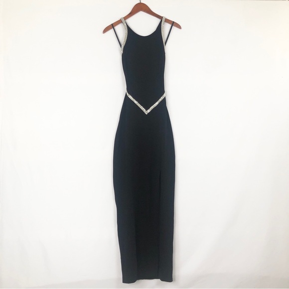 Vintage 90s Nicole Bakti Rhinestone Cross Cross Back Maxi Dress Black Size L - Picture 1 of 10
